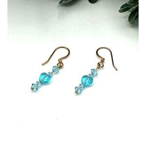 Handcrafted Dangle Earrings With Blue Glass Beads and Gold tone Hooks